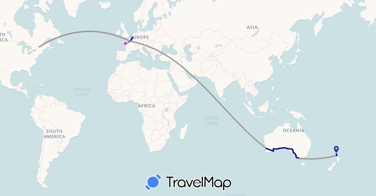 TravelMap itinerary: driving, bus, plane, train in United Arab Emirates, Australia, Belgium, France, New Zealand (Asia, Europe, Oceania)